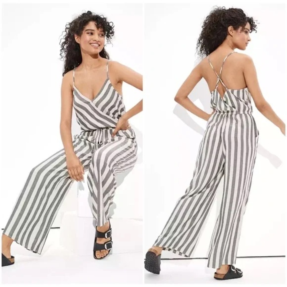 AE Striped Strappy Wide Leg Jumpsuit Size XL Tall